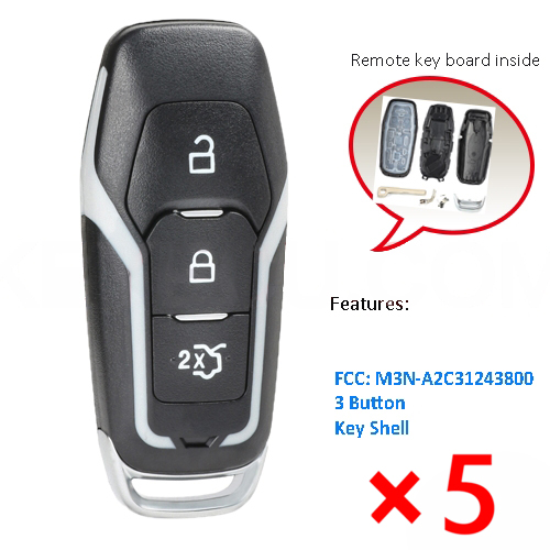 Replacement Smart Prox Remote Key Shell Case Fob 3 Button for Ford M3N-A2C31243300- pack of 5 