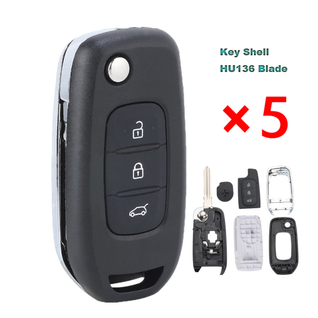 Flip Remote Key 3 Button Case Shell Fob for Renault Twingo for Dacia Duster Sandero Symbol 2013 2014 2015 2016 2017 HU136 - pack of 5 