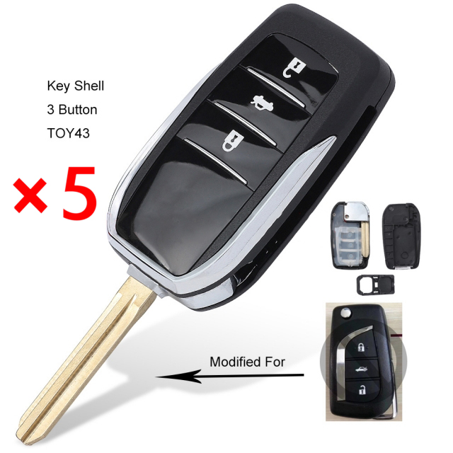 Upgraded Flip Remote Shell Case Fob TOY43 3 Button for Toyota Alvon Camry Corolla RAV4 Venza Yaris B71TA- pack of 5 