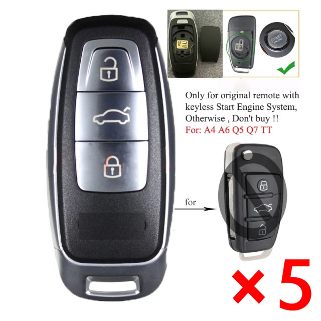 Upgraded Remote Key Shell Case Fob 3 Buttons for Audi A4 A6 Q7 TT 2018 2019 - pack of 5