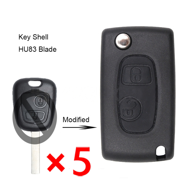 Modified Flip Remote Key Shell 2 Button for Peugeot Citroen HU83 - pack of 5 