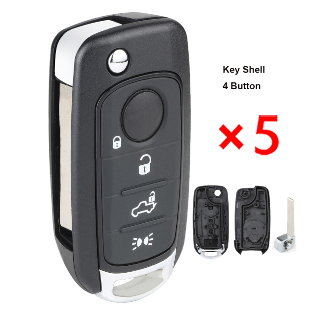 Replacement Folding Remote Key Shell Case Fob 4 Button for Fiat 500, 500X, Toro - pack of 5 