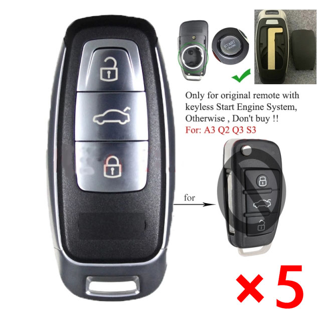 Upgraded Remote Key Shell Case Fob 3 Buttons for Audi A3 Q2 Q3 S3 2018 2019 - pack of 5