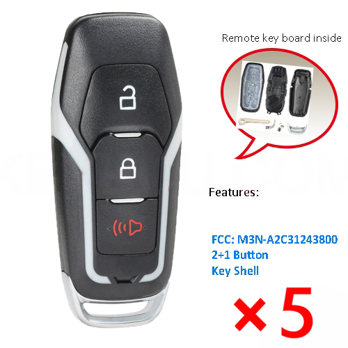Replacement Smart Prox Remote Key Shell Case Fob 2+1B for Ford M3N-A2C31243300- pack of 5 