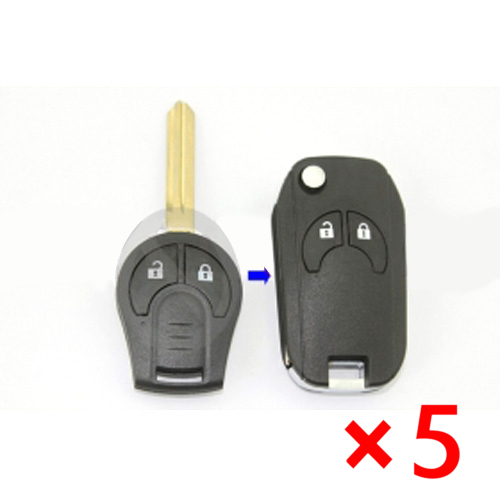 Modified Folding Remote Key Shell 2 Button for Nissan Cube Micra Note Qashqai Juke - pack of 5 
