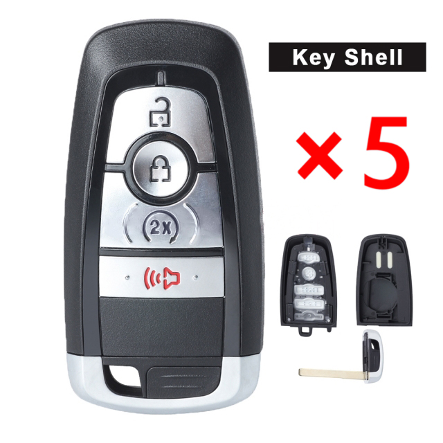 Smart Remote Key Shell Case With 4 Buttons + Uncut Insert Blade- FOB for Ford Fusion Explorer Expedition Edge Mustang- pack of 5 
