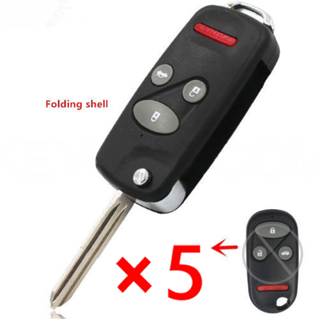 Folding Remote Key Shell 3+1 Button for Honda Insight Civic C-RV Odyssey 2000-2003- pack of 5 