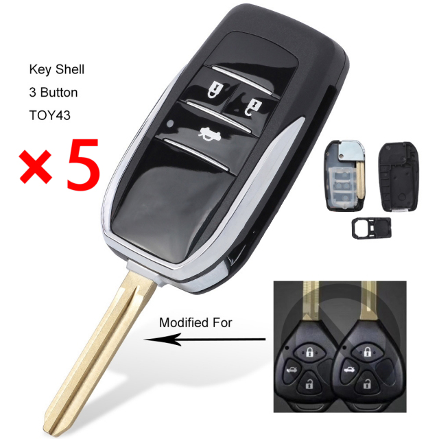 Upgraded Flip Remote Shell Case Fob TOY43 3 Button for Toyota Alvon Camry Corolla RAV4 Venza Yaris- pack of 5 