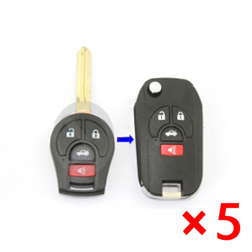 Modified Folding Remote Key Shell 3+1 Button for Nissan Maxima Altima Sentra Versa - pack of 5 